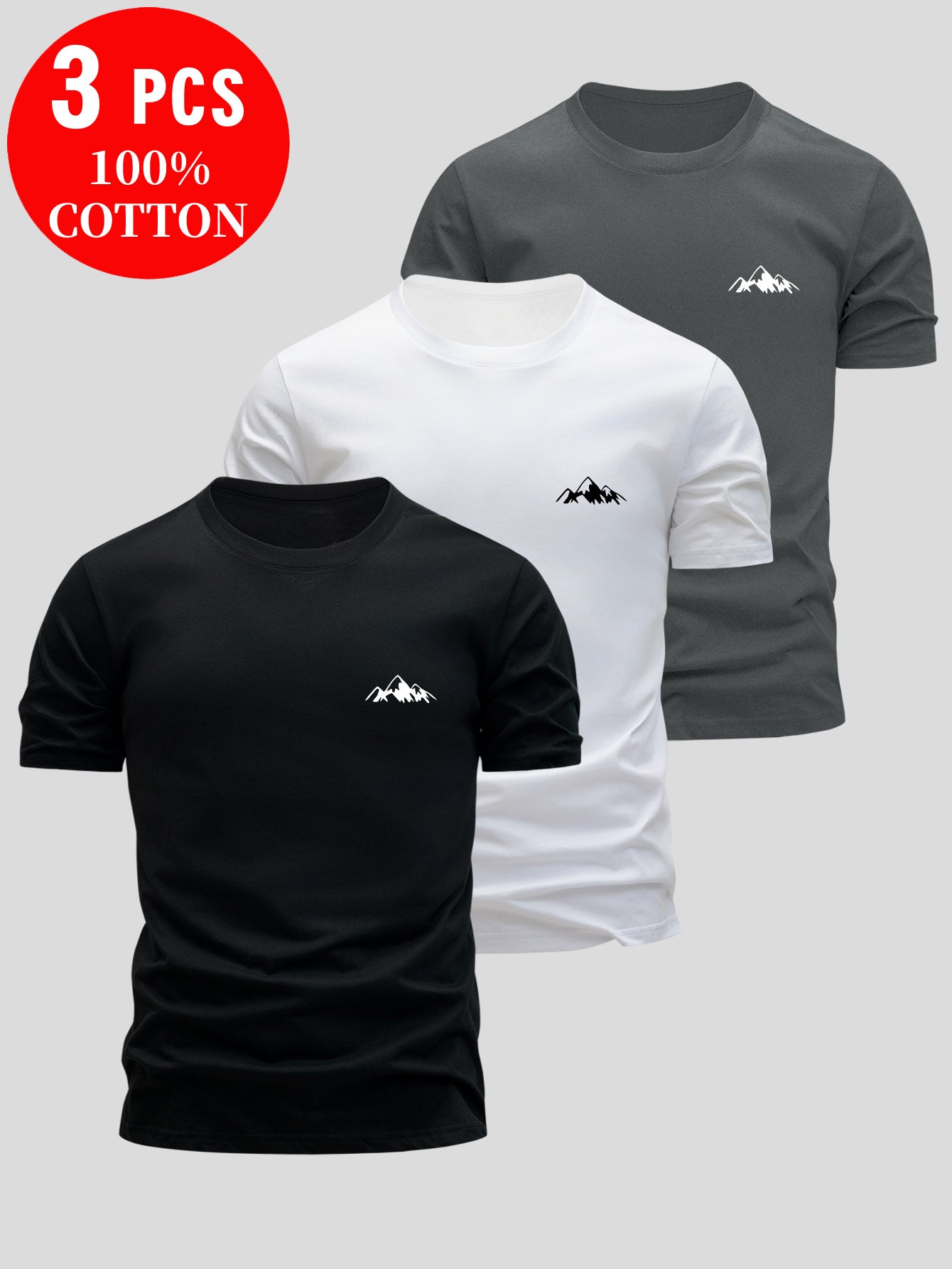 3pcs Men's 100% Cotton Slim Fit T-Shirts - Soft Breathable Short Sleeve Crew Neck Tees with Minimalist Letter Print, Black/White/Navy Blue for Summer Casual Wear, Everyday Comfort, Skinfriendly Fabric - SeviSa
