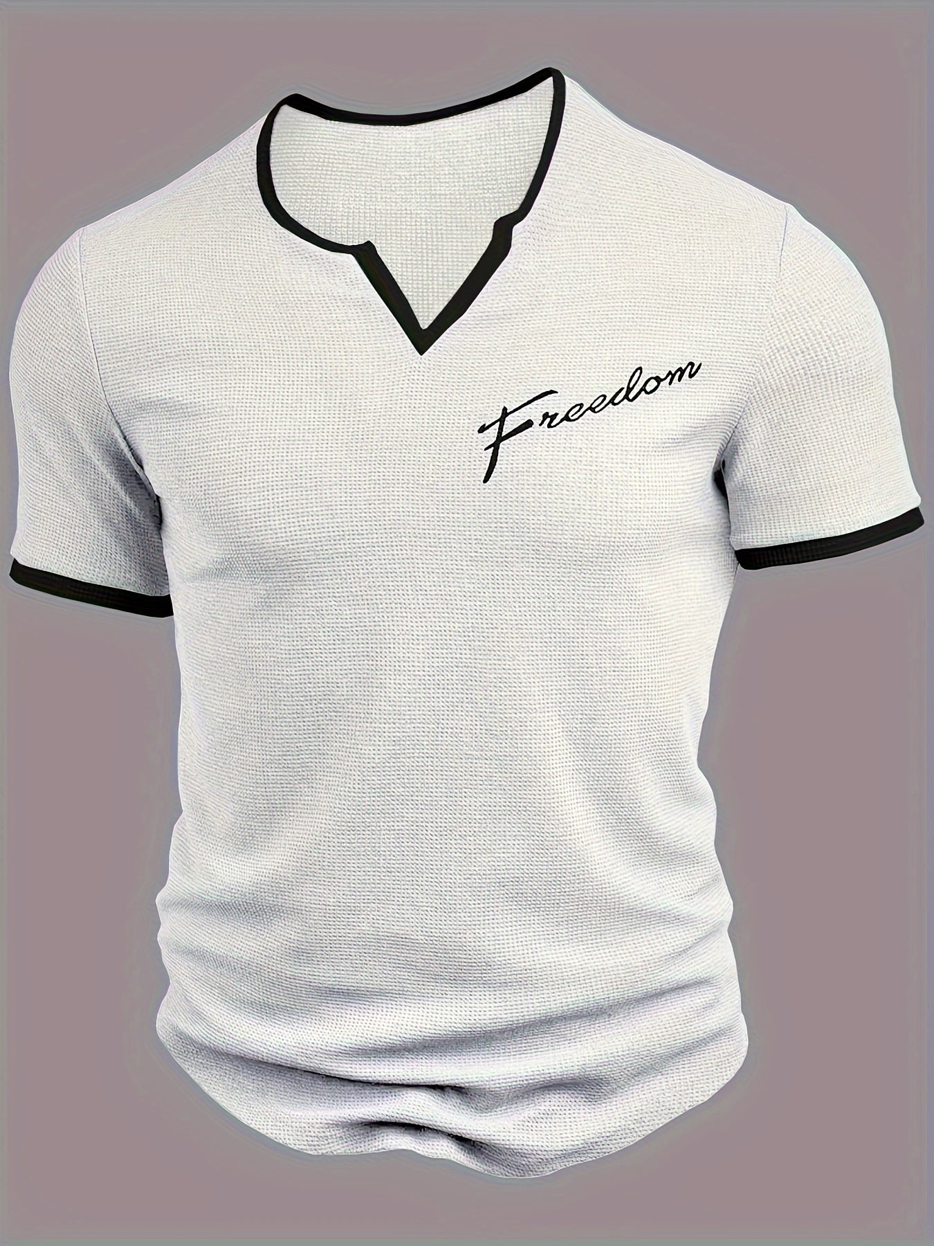 Men's Alphabet Print "FREEDOM" Waffle Knit T-shirt, V-neck And Short Sleeve Tee, Tops Perfect For Summer Fitness And Outdoors Activities - SeviSa