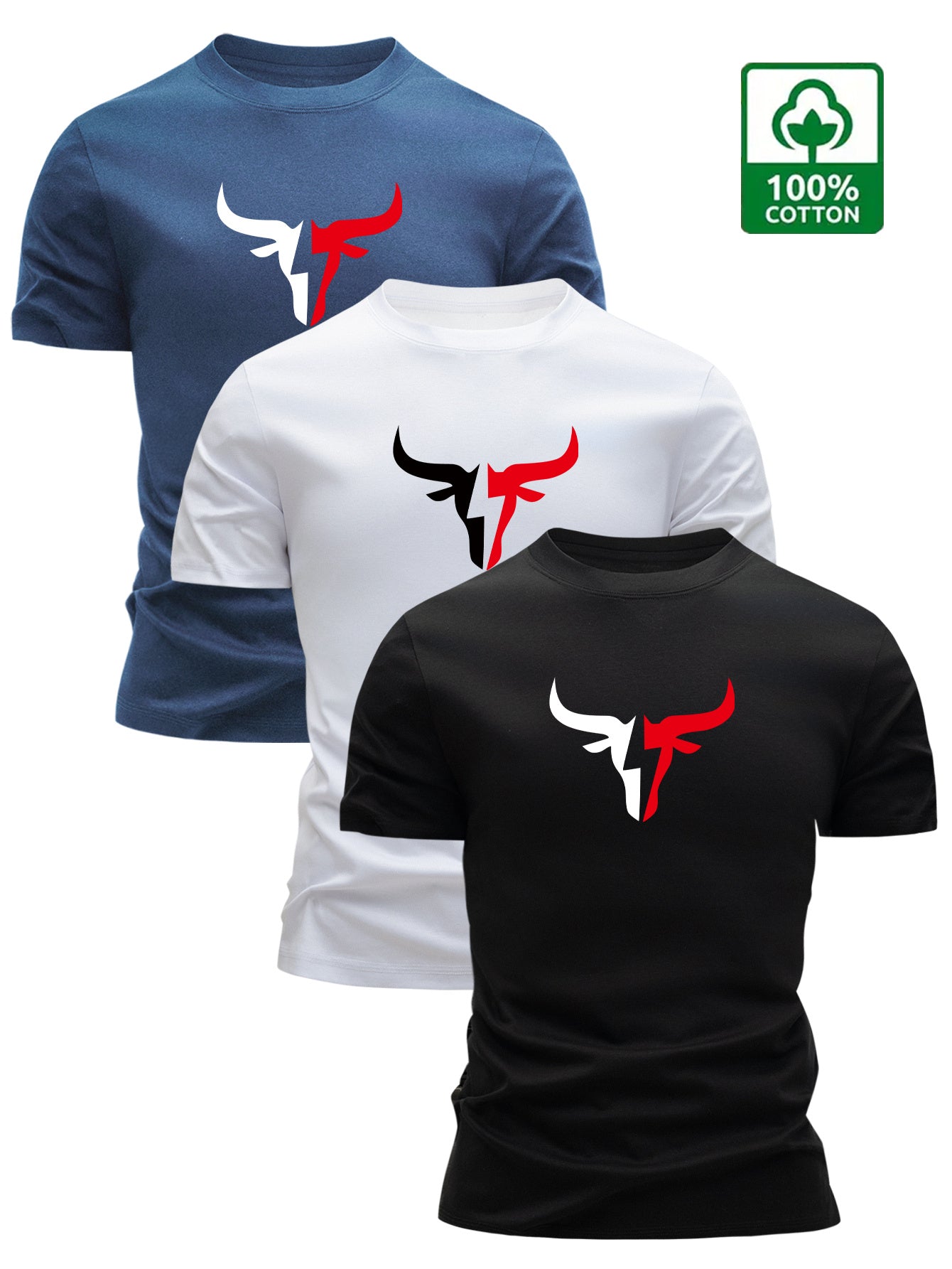 3pcs Men's 100% Cotton Graphic T-Shirts - Bold Bull Head & Letter Print, Slim Fit Short Sleeve Round Neck Tees for Summer Casual Wear, Breathable & Machine Washable, Everyday Comfort | Durable Fabric - SeviSa