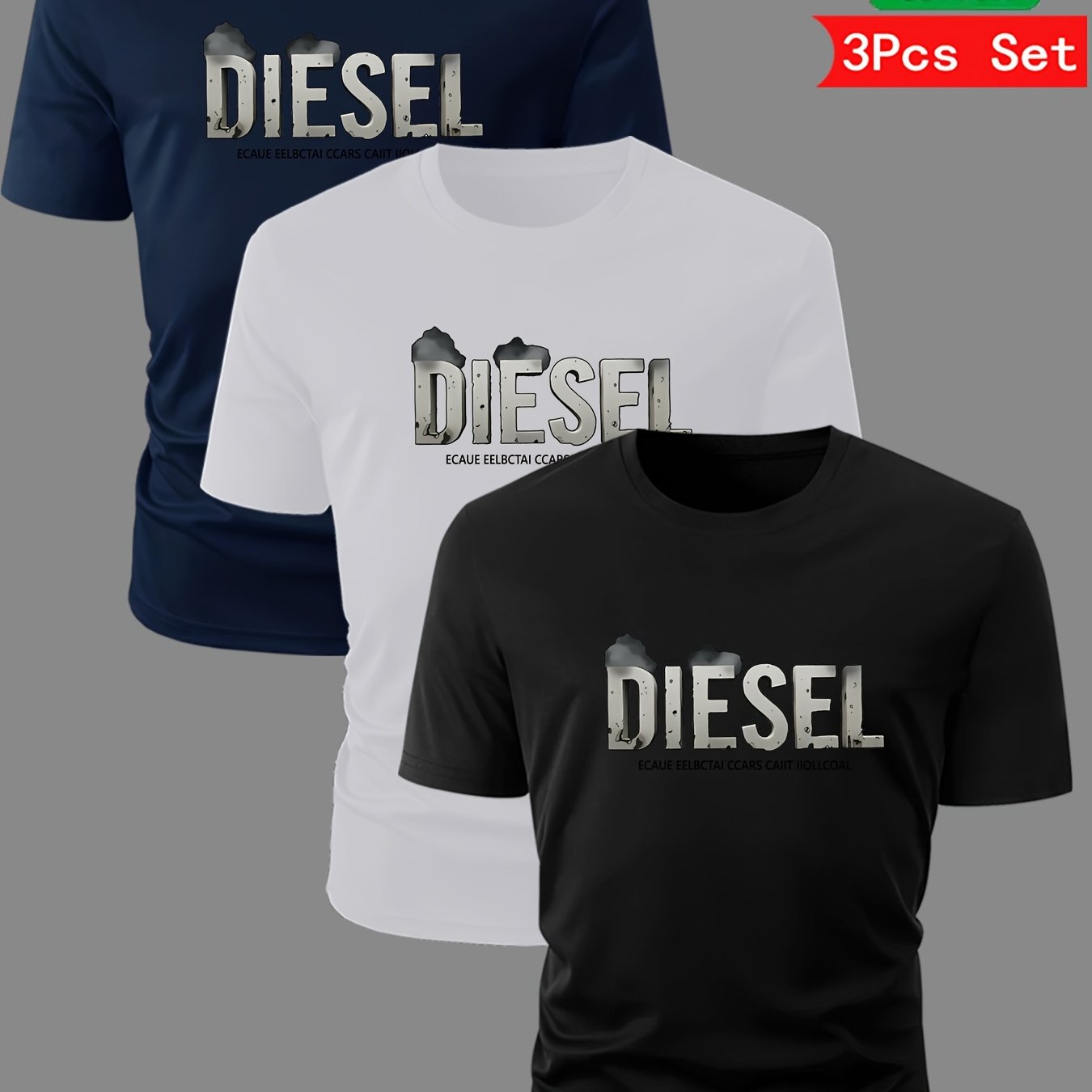 3pcs Men'S Diesel Graphic T-Shirts - 100% Cotton Breathable Summer Short Sleeve Tops, Regular Fit Round Neck Casual Tees with Bold Diesel Logo for Outdoor & Casual Attire, Machine Washable, Everyday Tshirt, Bold Graphic Tee, - SeviSa
