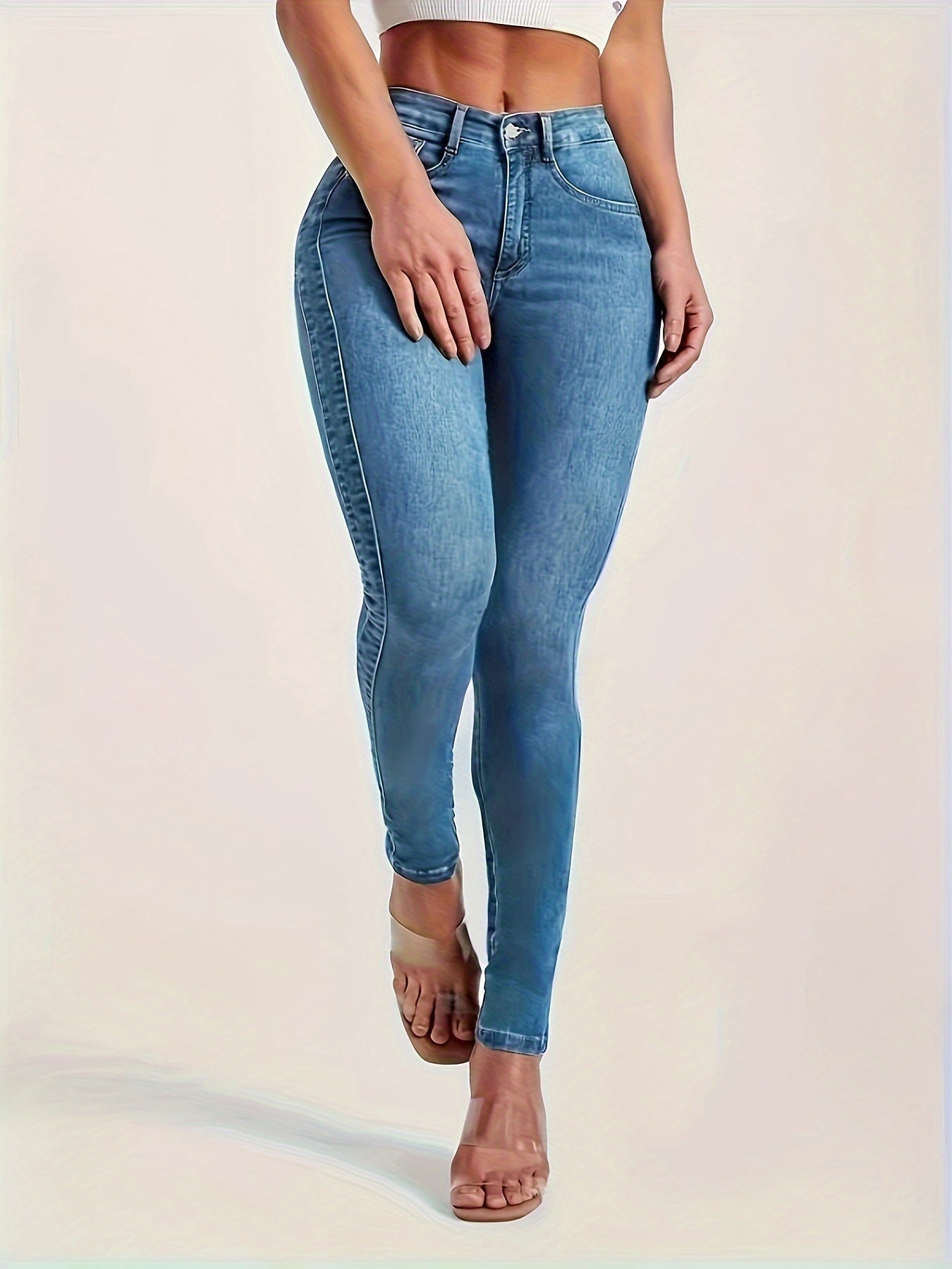 Women's Sexy High-Waisted Skinny Jeans, Stretch Denim, Plain Casual Fashion Pants, Light Blue For Fall - SeviSa