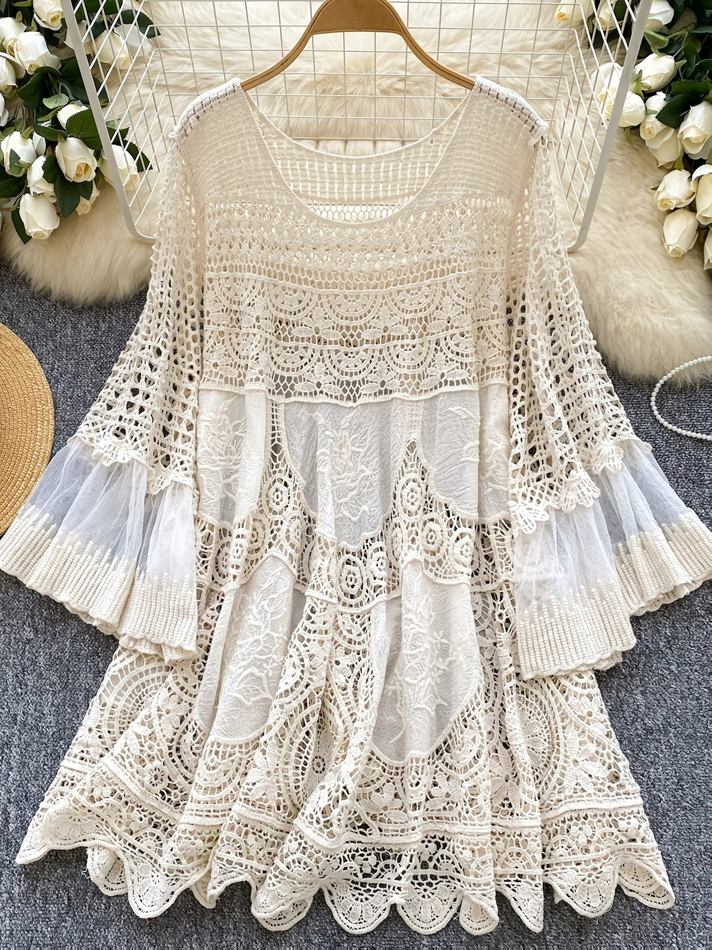 Women's Bohemian Vintage Lace- Dress - Long Sleeve A-Line Midi Dress with Crochet Cut-Out Details, Semi-Sheer Round Neck Boho Dress for Casual & Formal Occasions, Cute Dresses, Special Occasion Wear, Intricate Crochet Design - SeviSa