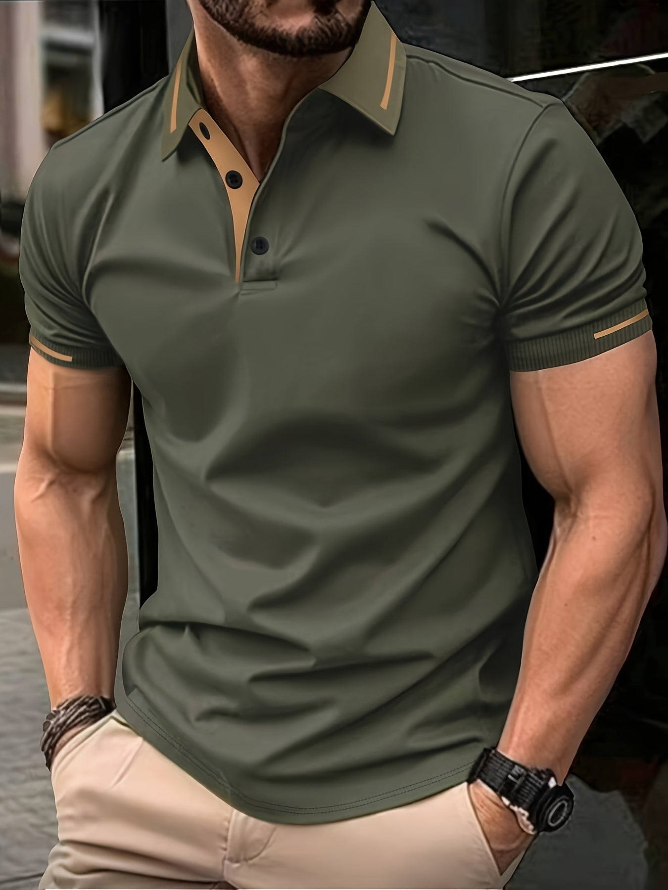Men's Summer Casual Sport T-Shirt - Breathable Short Sleeve Button-Up with Red Trim, Dark Green Solid Color, Regular Fit for Running, Outdoor & Casual Attire, Sports T Shirt, Durable Sportswear - SeviSa