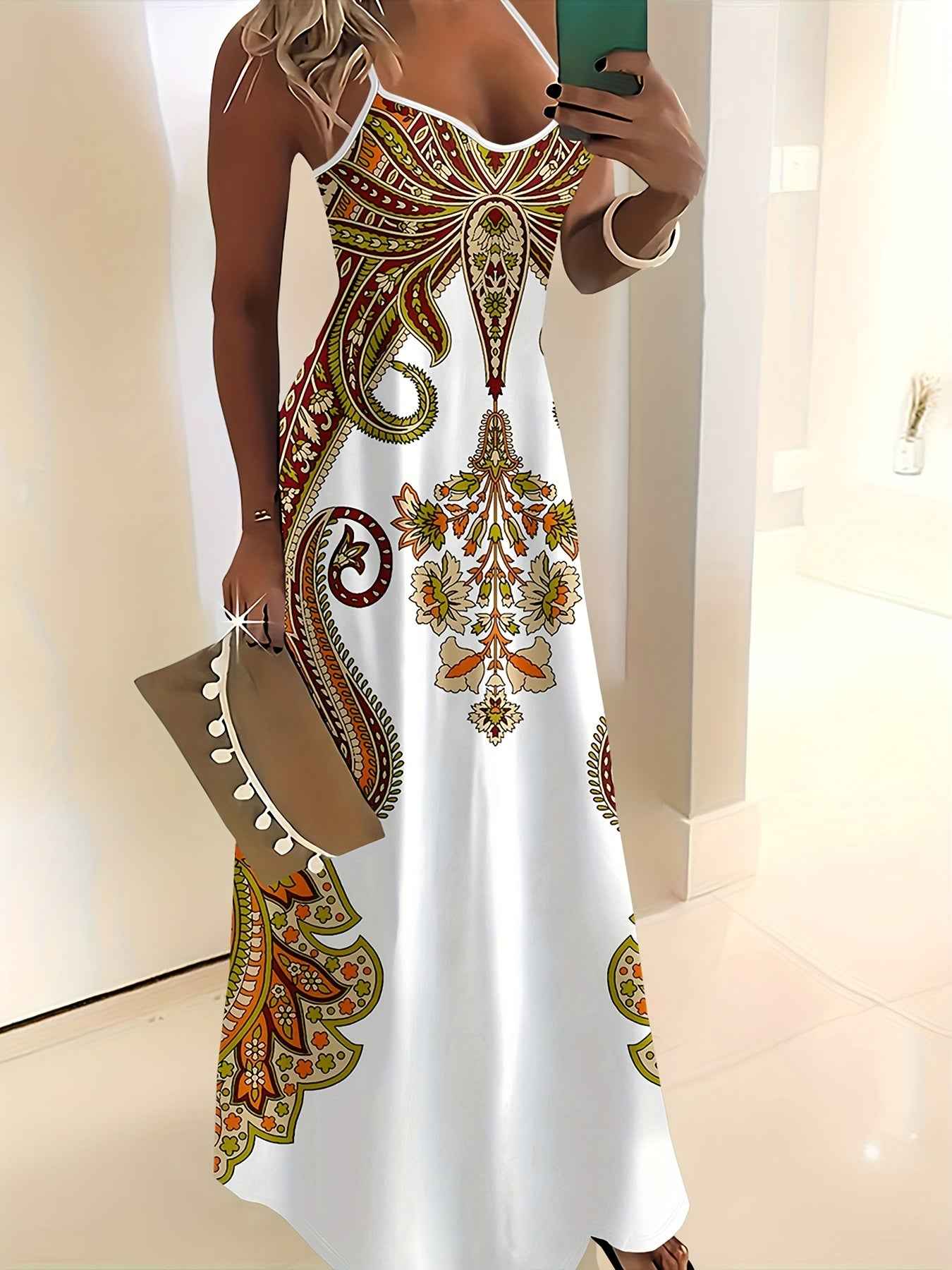Elegant Women'S Sleeveless Cami Maxi Dress with Vibrant Paisley & Floral Print - Loose Fit, Crew Neck, Summer Casual Wear, Polyester, White with Colorful Pattern