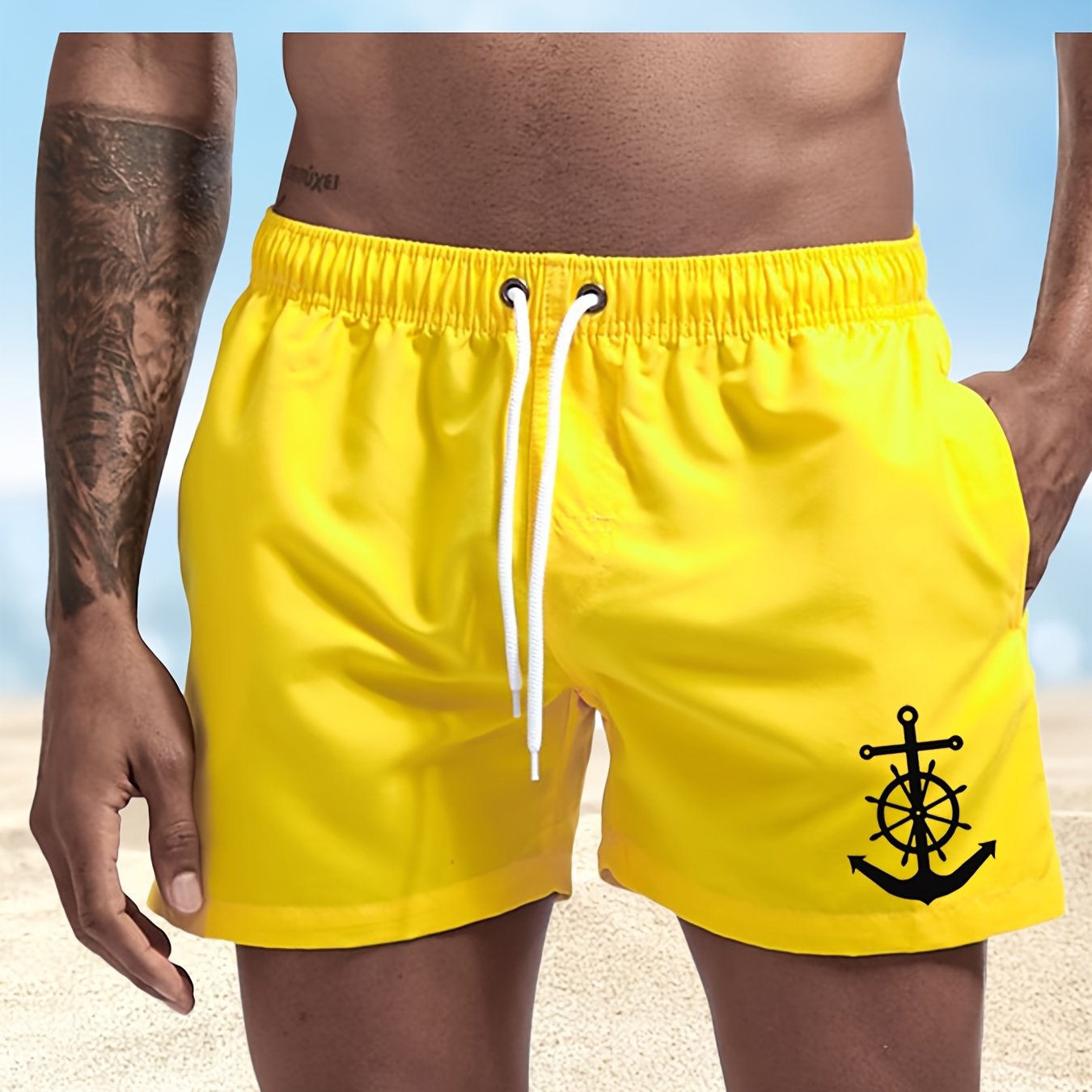 Men's Quick-Dry Swim Shorts - Navy Blue Board Shorts with Anchor design, Elastic Drawstring Waist - Lightweight Beach Swim Trunks for Surfing, Swimming, Gym, Vacation - Fast-Drying Quick Suit for Ocean & Pool Activities, Swim - SeviSa