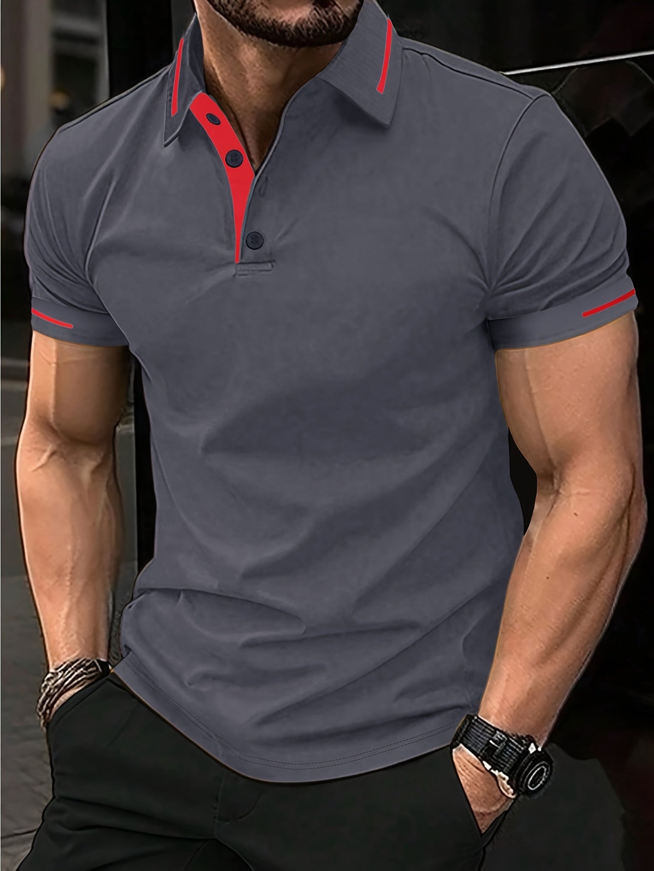 Men's Summer Casual Sport T-Shirt - Breathable Short Sleeve Button-Up with Red Trim, Dark Green Solid Color, Regular Fit for Running, Outdoor & Casual Attire, Sports T Shirt, Durable Sportswear - SeviSa
