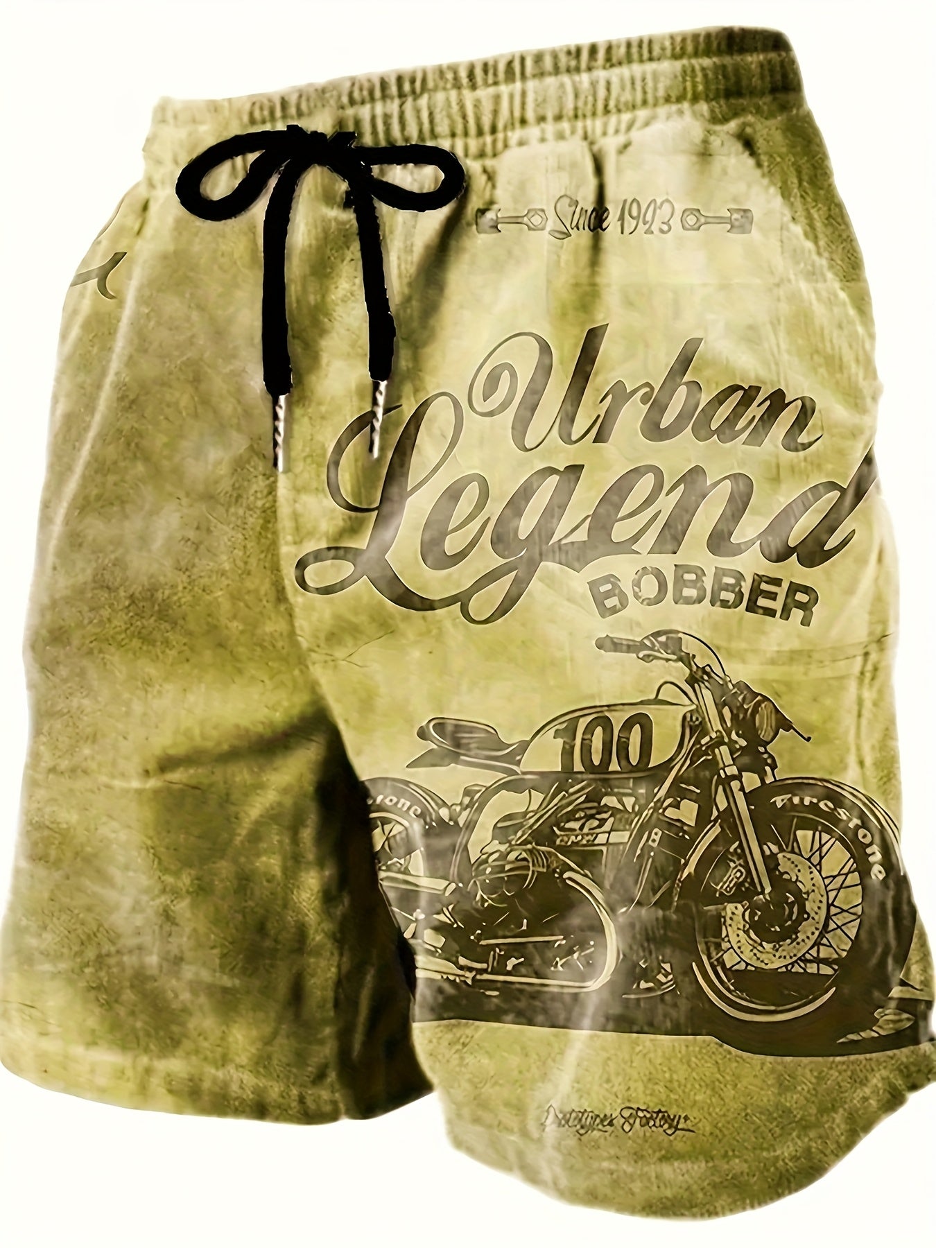 Men's Retro Motorcycle Print Shorts | Urban Legend Bobber | Vintage Biker Graphic | Polyester with Drawstring Waistband | Machine Washable | Casual Summer Wear, Motorcycle Apparel | Retro Bobber Design | Smooth Texture Fabric - SeviSa
