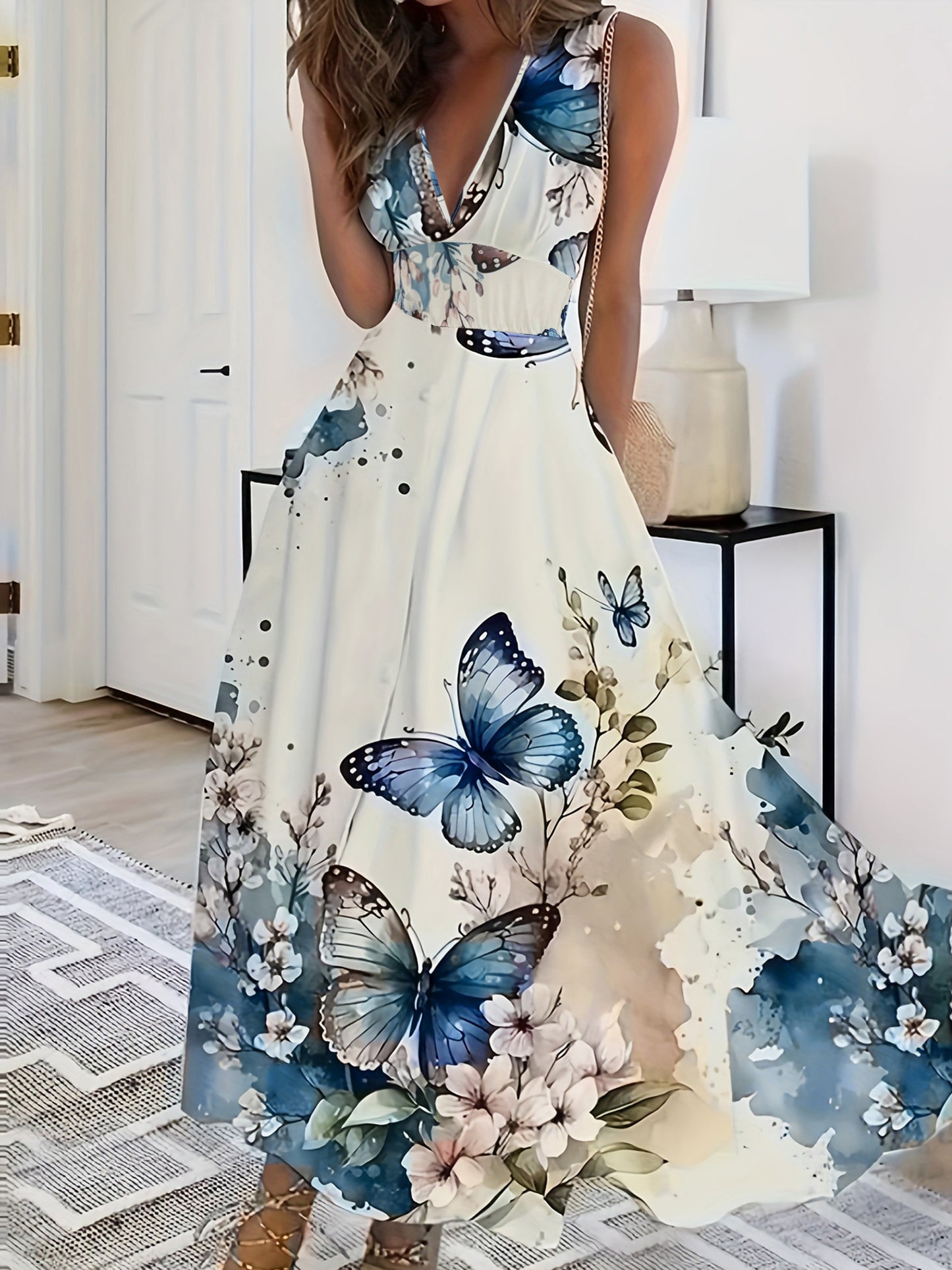 Women's Floral & Butterfly Print V-Neck Sleeveless Dress - Fitted Top & Flowy Skirt, Breathable All-Season Casual Outdoor Dress, Machine Washable, Seasonal Fashion, Sophisticated Casual, Comfortable Fit - SeviSa