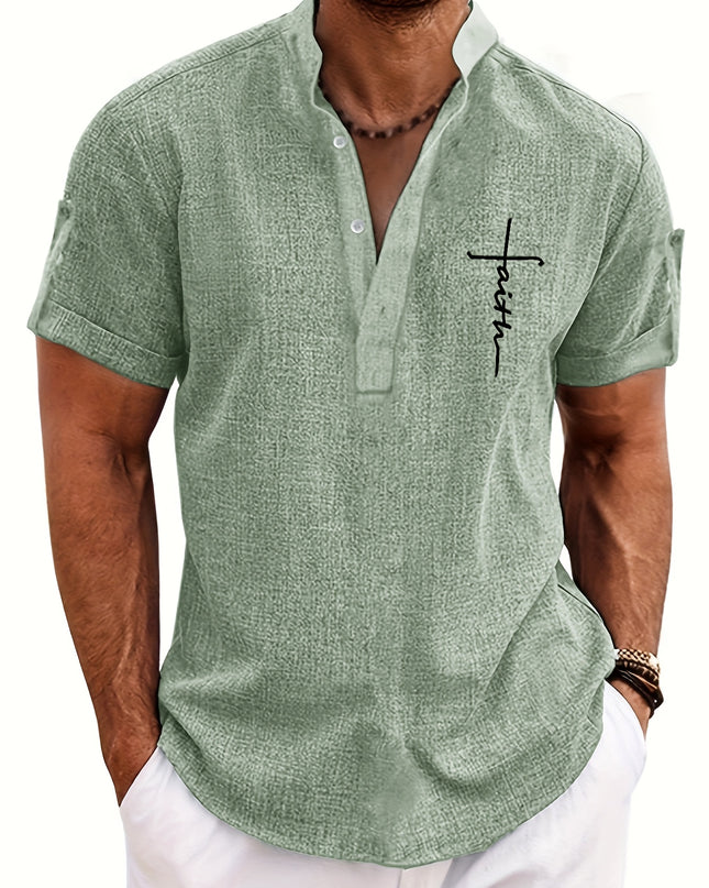 Men's Letter Print "FAITH" Short Sleeve Stand Collar Henley Shirt, Casual And Chic Tops For Summer Business And Outdoors Leisurewear - SeviSa