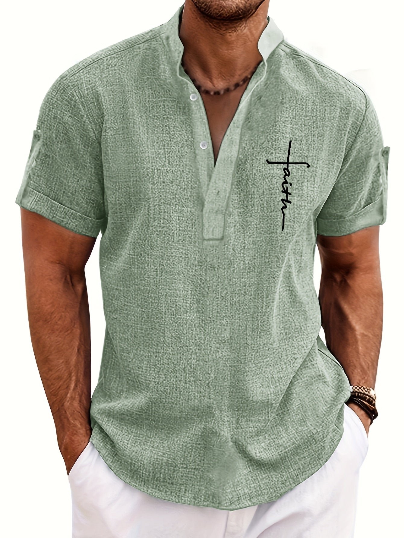 Men's Letter Print "FAITH" Short Sleeve Stand Collar Henley Shirt, Casual And Chic Tops For Summer Business And Outdoors Leisurewear - SeviSa
