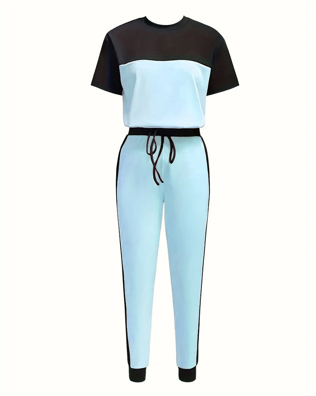 Casual Color Block Short Sleeve Round Neck T-Shirt and Long Pants Two-Piece Set