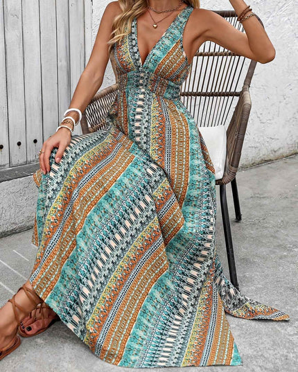 Vacation Style V-Neck Maxi Dress, Polyester Floral and Striped Print, Sleeveless Shirred Waist Fitted Long Dress, with Cross Hem, for Summer