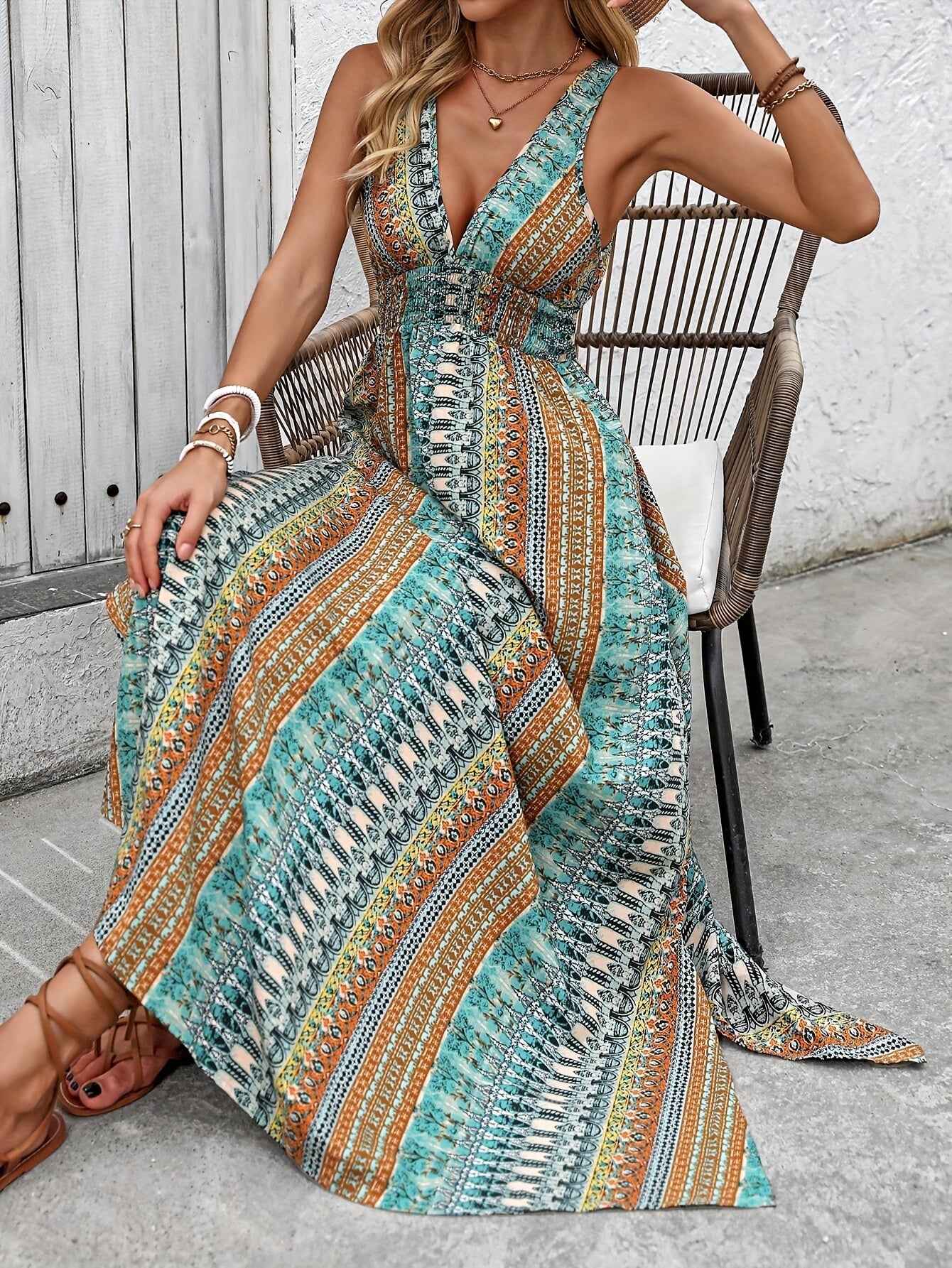 Vacation Style V-Neck Maxi Dress, Polyester Floral and Striped Print, Sleeveless Shirred Waist Fitted Long Dress, with Cross Hem, for Summer