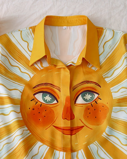 Damen-Set mit langärmeligem Hemd und Hose mit Cartoon-Sonnenaufdruck für den Strandurlaub, perfekt für draußen