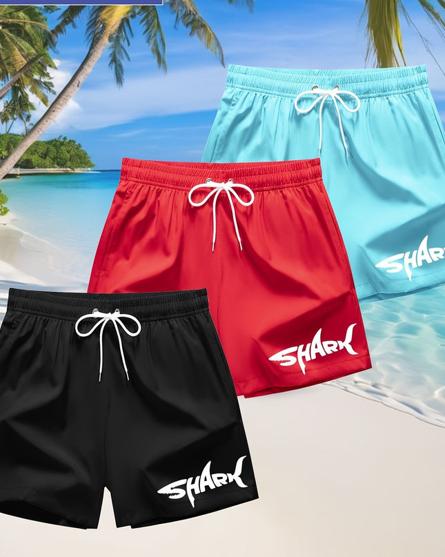 3pcs Men's Swim Trunks - Quick-Dry Beach Shorts with Adjustable Drawstring Waist, Shark Graphic Prints in Red, Black, Light Blue - Lightweight Swimwear for Surfing, Pool, Vacation - Non-Stretch Fabric for Board Sports Stabili - SeviSa
