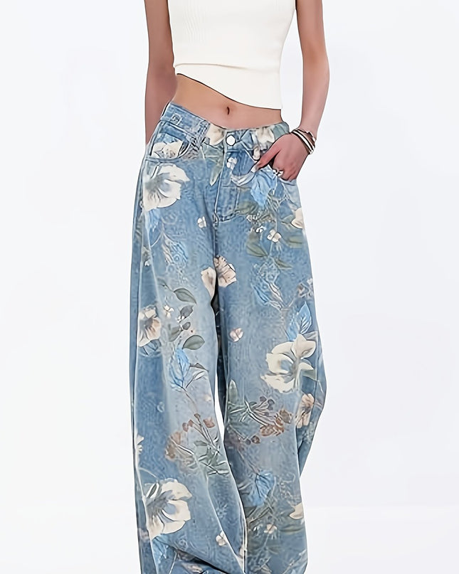[Allseason Versatility] Women's High-Waisted Floral Print Loose-Fit Wide Leg Jeans - Light Blue Denim with Elastic Waistband, Street Style Fashion Pants for All Seasons - SeviSa