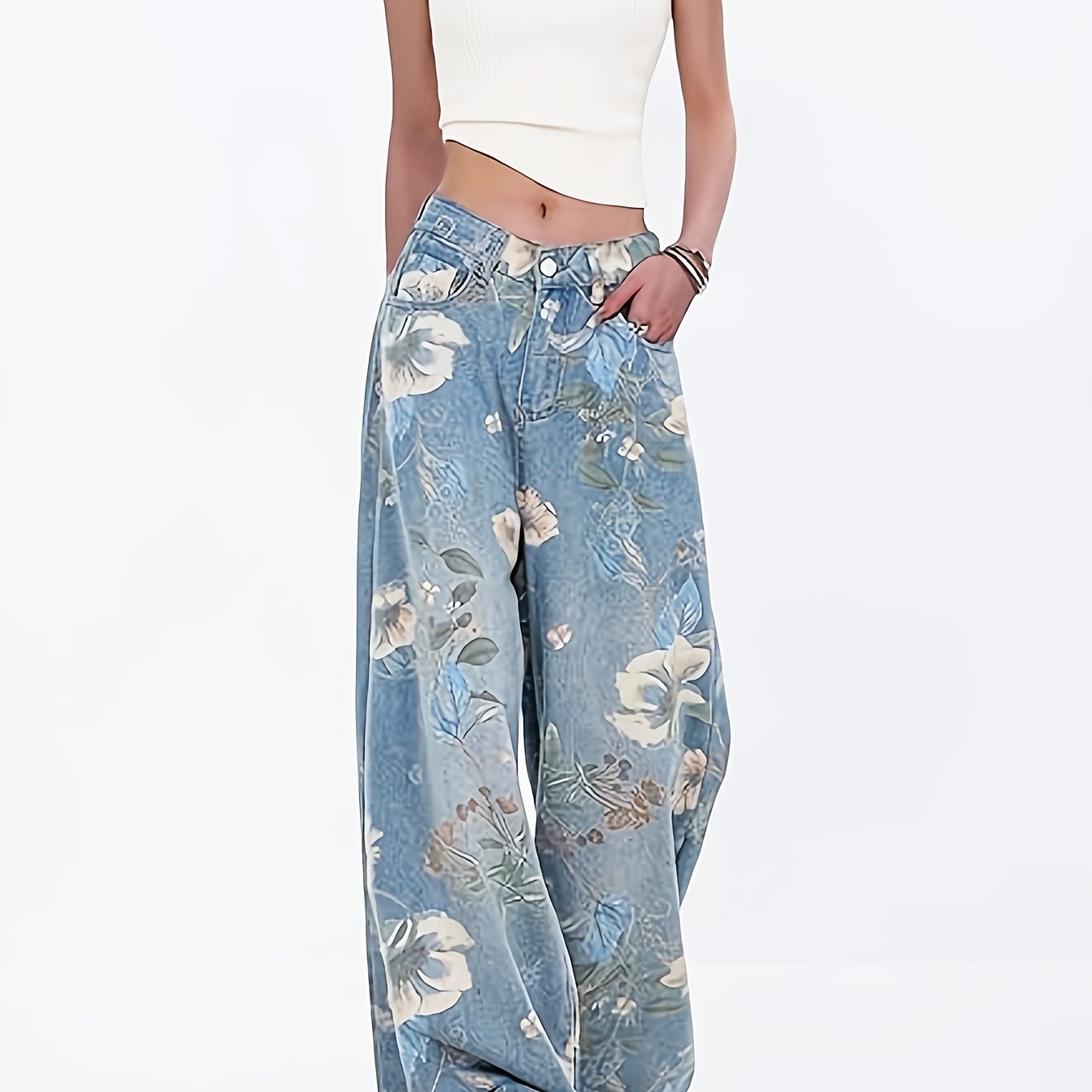 [Allseason Versatility] Women's High-Waisted Floral Print Loose-Fit Wide Leg Jeans - Light Blue Denim with Elastic Waistband, Street Style Fashion Pants for All Seasons - SeviSa