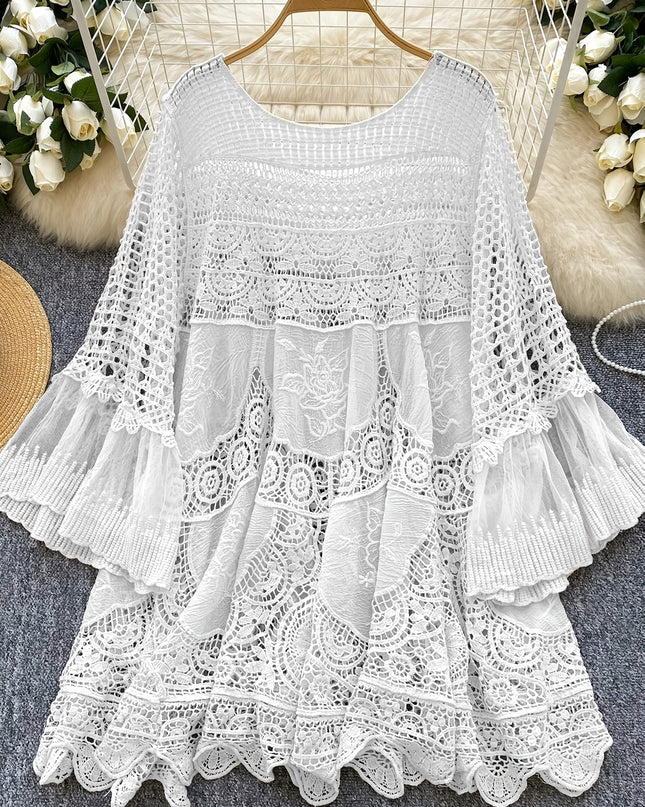 Women's Bohemian Vintage Lace- Dress - Long Sleeve A-Line Midi Dress with Crochet Cut-Out Details, Semi-Sheer Round Neck Boho Dress for Casual & Formal Occasions, Cute Dresses, Special Occasion Wear, Intricate Crochet Design - SeviSa