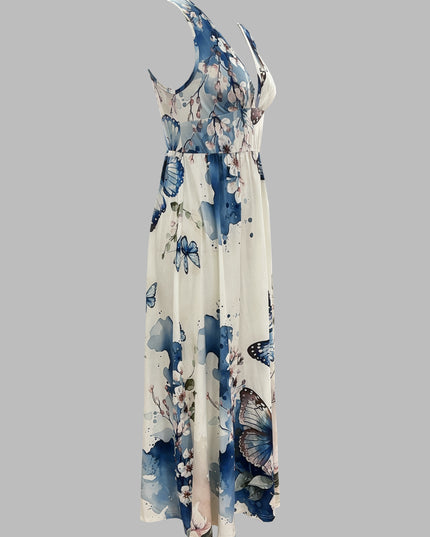 Women's Floral & Butterfly Print V-Neck Sleeveless Dress - Fitted Top & Flowy Skirt, Breathable All-Season Casual Outdoor Dress, Machine Washable, Seasonal Fashion, Sophisticated Casual, Comfortable Fit - SeviSa