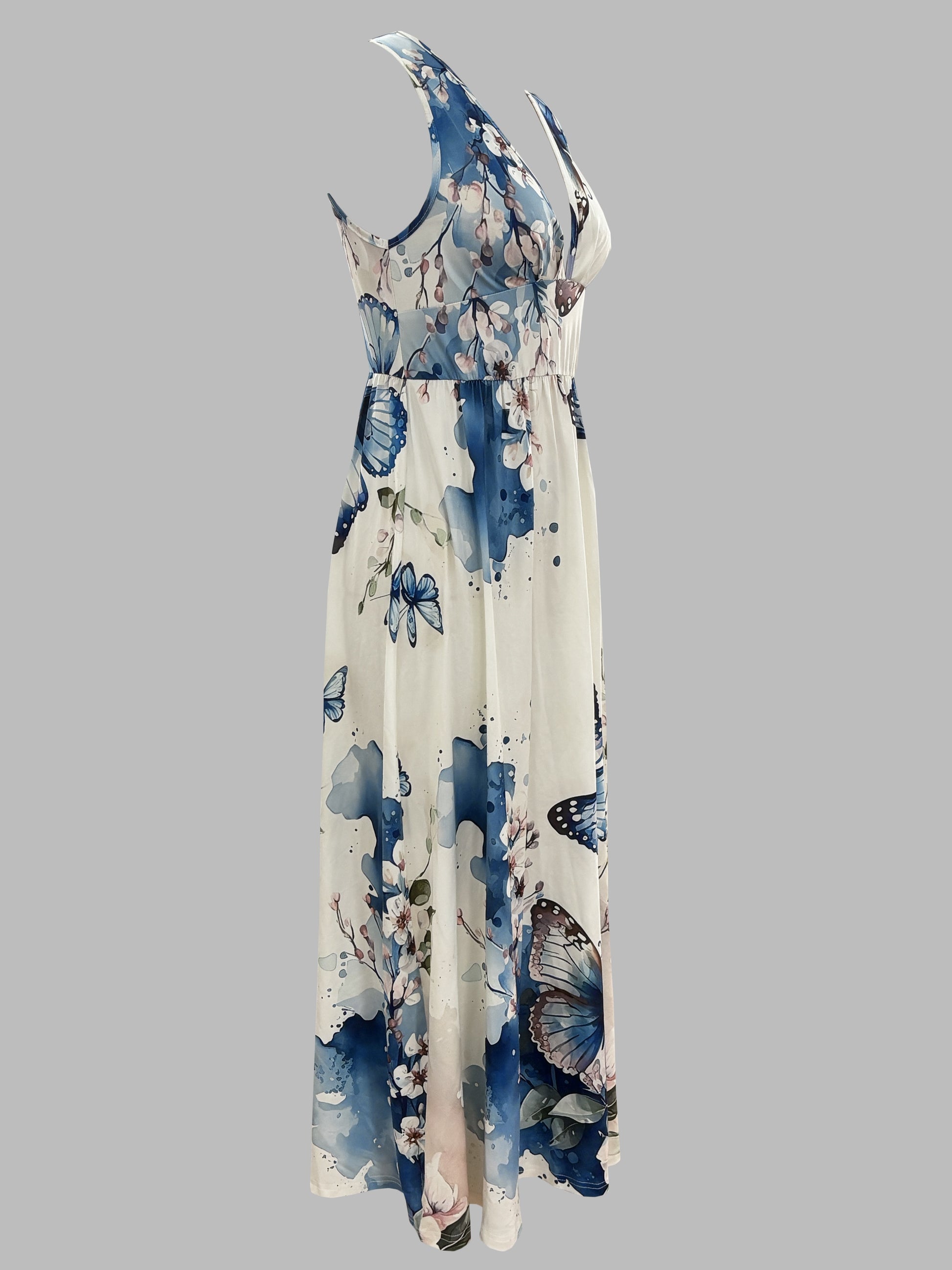 Women's Floral & Butterfly Print V-Neck Sleeveless Dress - Fitted Top & Flowy Skirt, Breathable All-Season Casual Outdoor Dress, Machine Washable, Seasonal Fashion, Sophisticated Casual, Comfortable Fit - SeviSa