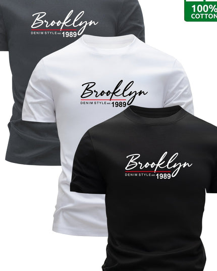Set of 3 Men'S 100% Cotton T-Shirts, Lightweight for Summer, Breathable And Moisture-Wicking, Featuring a Round Neck And Print Design, Sweat-Resistant - SeviSa