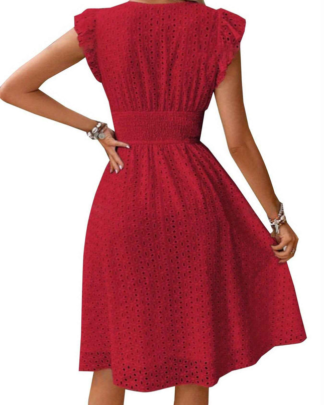 Elegant Ruffle Sleeve V-Neck Dress with Tiered Hem - Navy Blue, Knee-Length, Perfect for Spring & Summer, Women'S Fashion, Casual Elegance | Tiered Hem Dress | Ruffle Sleeve Dress