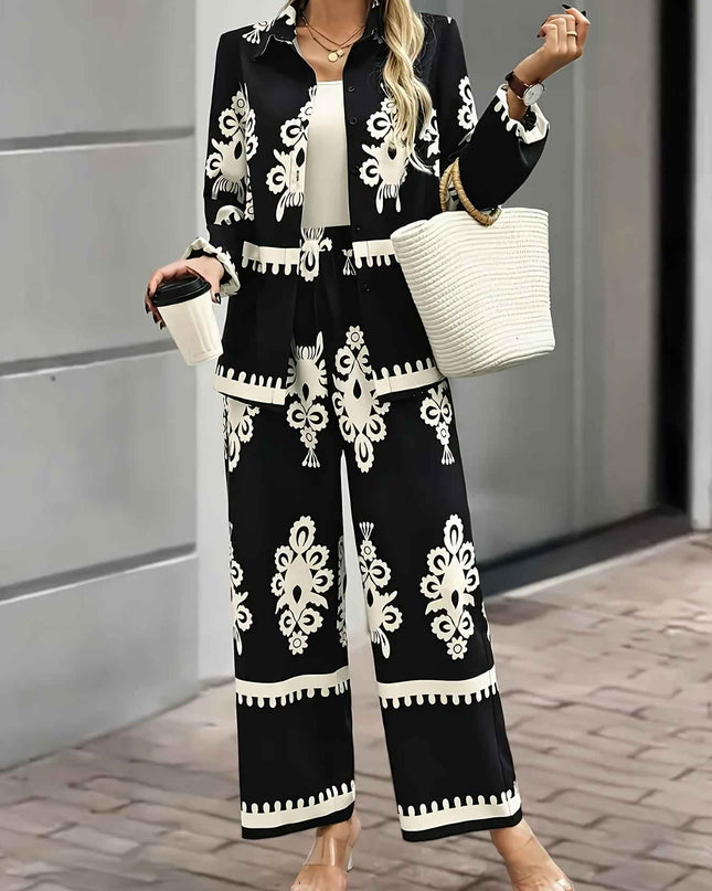 Women'S Stylish Black and White Paisley Print Two-Piece Set - Square Neck, Button-Up Blazer with Matching Pants, Perfect for Spring/Summer, Casual Attire|Paisley Print|Square Neckline, Pants Piece