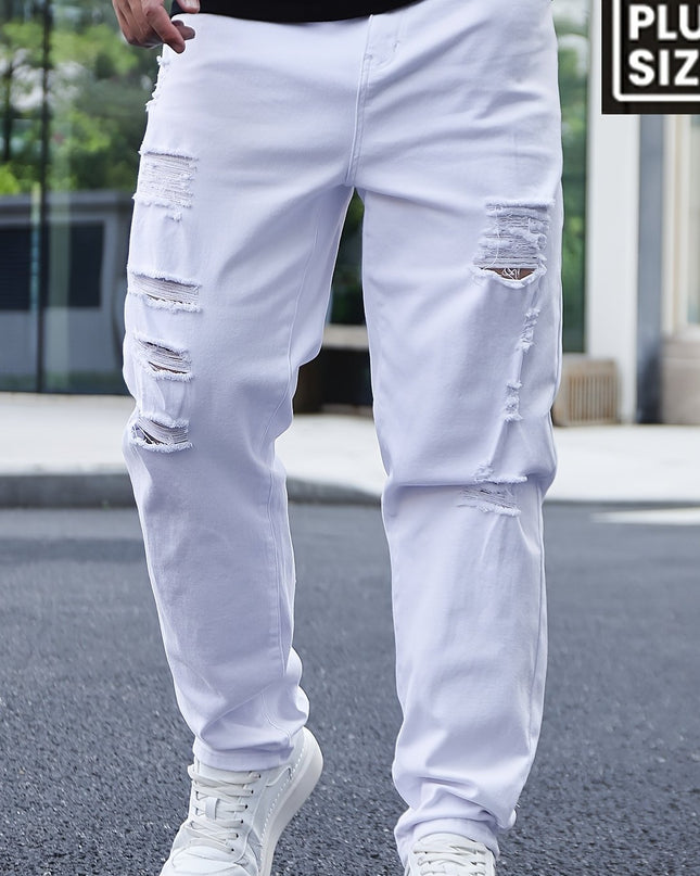 Men'S Plus Size Loose Fit Ripped Jeans, 98% Cotton 2% Elastane, All-Season Solid Color, Medium Stretch, Regular Style, Woven Fabric, 382g/m² - Casual Basics - SeviSa