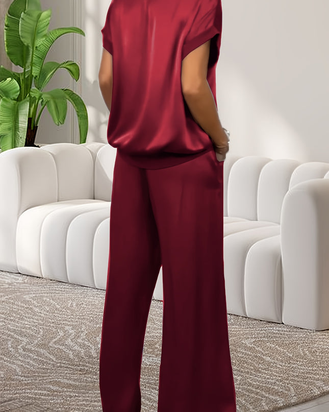 Women'S Elegant Lavender Polyester Pajama Set - Short Sleeve, Round Neck, Wide Leg Pants with Pockets, Perfect for Spring/Summer Home Wear, Relaxed Fit Pajamas|Elegant Pajama Set|Polyester Fabric
