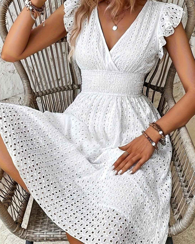 Elegant Ruffle Sleeve V-Neck Dress with Tiered Hem - Navy Blue, Knee-Length, Perfect for Spring & Summer, Women'S Fashion, Casual Elegance | Tiered Hem Dress | Ruffle Sleeve Dress