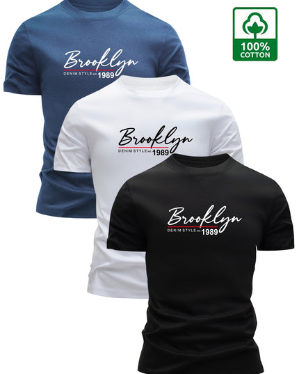 Set of 3 Men'S 100% Cotton T-Shirts, Lightweight for Summer, Breathable And Moisture-Wicking, Featuring a Round Neck And Print Design, Sweat-Resistant - SeviSa