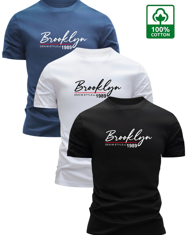 Set of 3 Men'S 100% Cotton T-Shirts, Lightweight for Summer, Breathable And Moisture-Wicking, Featuring a Round Neck And Print Design, Sweat-Resistant - SeviSa