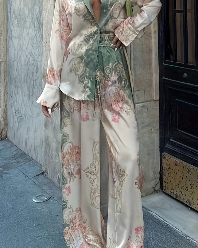 Women'S Tropical Print Long Sleeve Loose Shirt and Elastic Waist Pants Set - Vacation Style, Button Detail, Spring/Fall Fashion, Casual Attire|Tropical Print Top|Button Detail Pants
