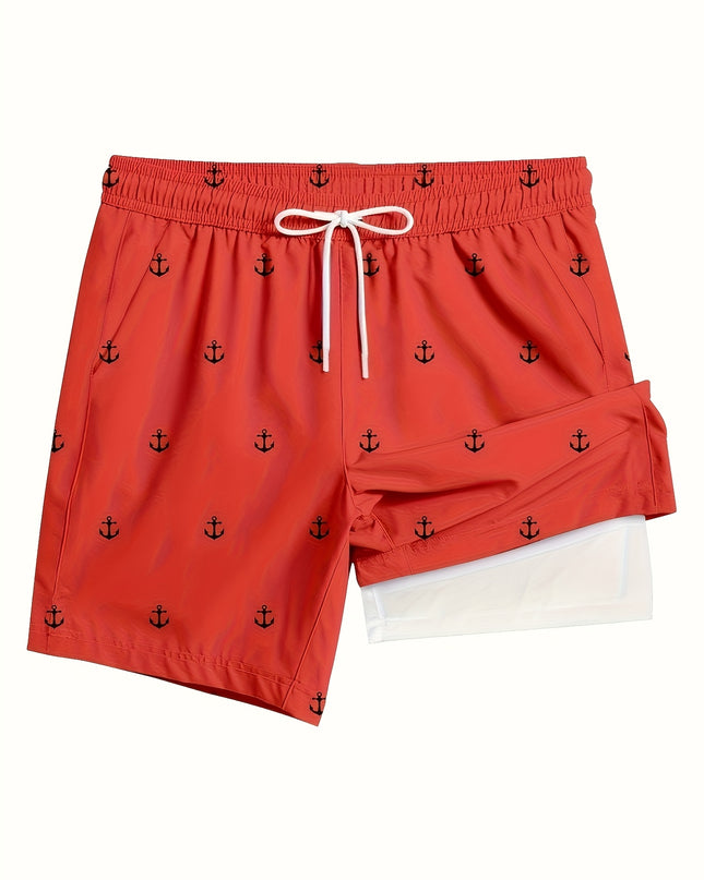 Men'S Plus Size Casual Beach Shorts - Double Layer, Quick-Dry, Drawstring Waist, Print Anchor Design, Red, Perfect for Tropical Vacations & Summer Sports, Beach Short - SeviSa