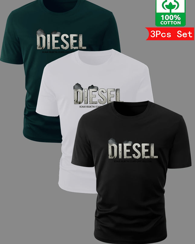 3pcs Men'S Diesel Graphic T-Shirts - 100% Cotton Breathable Summer Short Sleeve Tops, Regular Fit Round Neck Casual Tees with Bold Diesel Logo for Outdoor & Casual Attire, Machine Washable, Everyday Tshirt, Bold Graphic Tee, - SeviSa