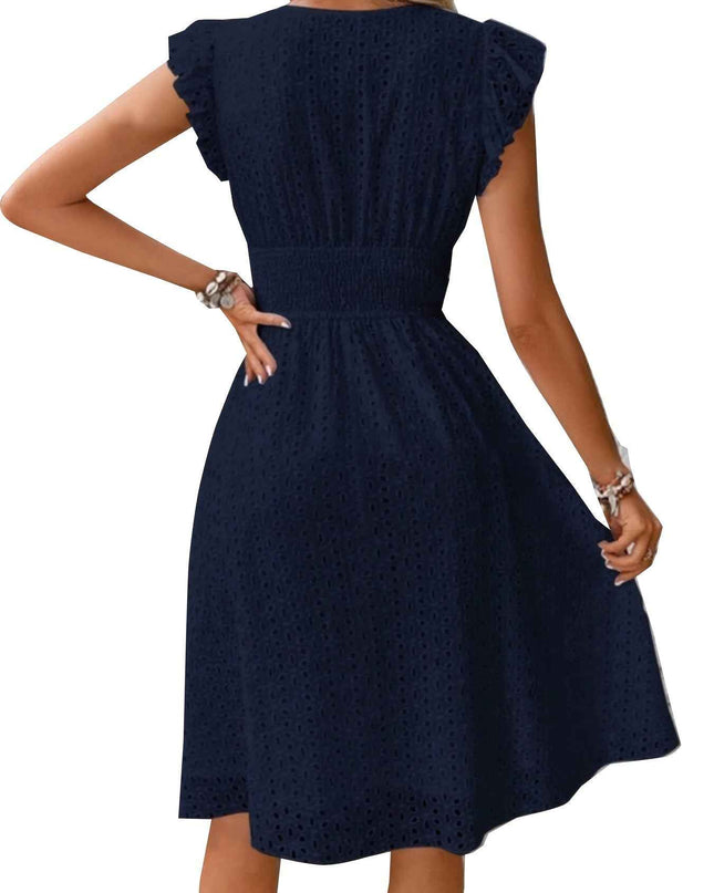 Elegant Ruffle Sleeve V-Neck Dress with Tiered Hem - Navy Blue, Knee-Length, Perfect for Spring & Summer, Women'S Fashion, Casual Elegance | Tiered Hem Dress | Ruffle Sleeve Dress