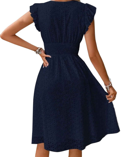 Elegant Ruffle Sleeve V-Neck Dress with Tiered Hem - Navy Blue, Knee-Length, Perfect for Spring & Summer, Women'S Fashion, Casual Elegance | Tiered Hem Dress | Ruffle Sleeve Dress