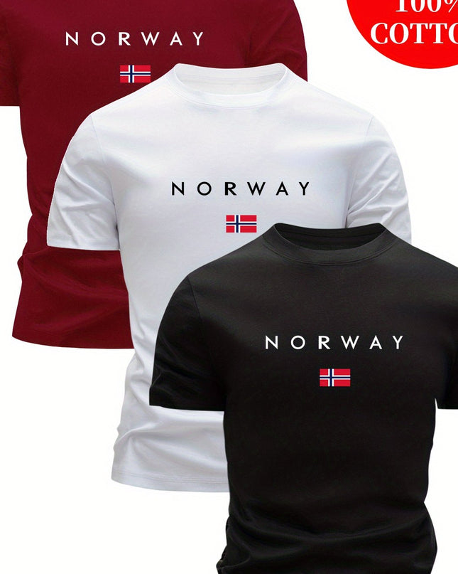 3pcs Men'S 100% Cotton Slim Fit T-Shirts - Breathable Sweat Absorbent Summer Casual Tees with "NORWAY" Graphic Print, Round Neck Short Sleeve for Outdoor & Casual Attire, Comfortable Clothing, Simple Solid Color Design, Breat - SeviSa