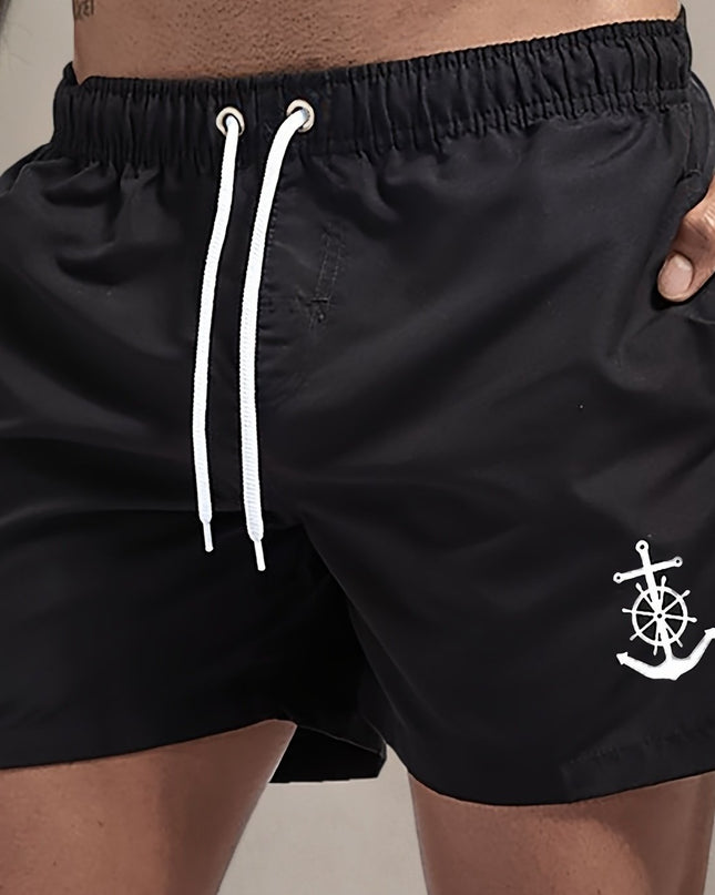 Men's Quick-Dry Swim Shorts - Navy Blue Board Shorts with Anchor design, Elastic Drawstring Waist - Lightweight Beach Swim Trunks for Surfing, Swimming, Gym, Vacation - Fast-Drying Quick Suit for Ocean & Pool Activities, Swim - SeviSa