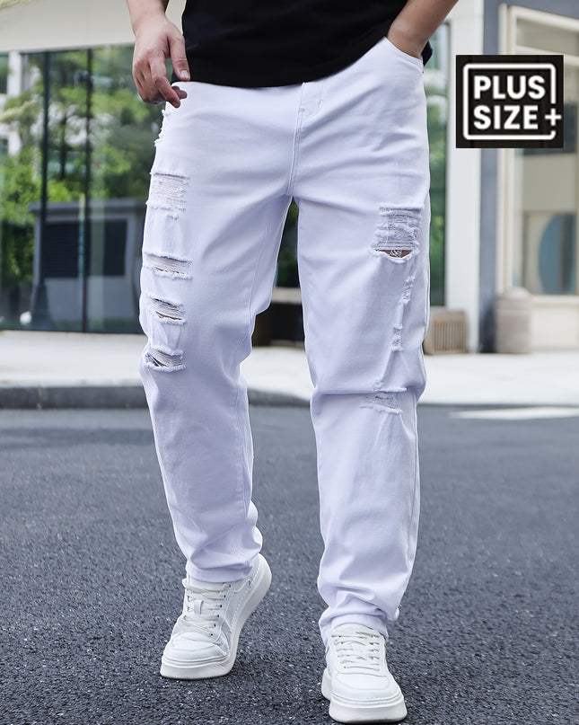 Men'S Plus Size Loose Fit Ripped Jeans, 98% Cotton 2% Elastane, All-Season Solid Color, Medium Stretch, Regular Style, Woven Fabric, 382g/m² - Casual Basics - SeviSa