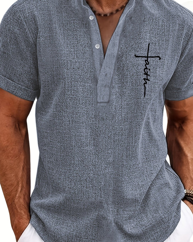 Men's Letter Print "FAITH" Short Sleeve Stand Collar Henley Shirt, Casual And Chic Tops For Summer Business And Outdoors Leisurewear - SeviSa