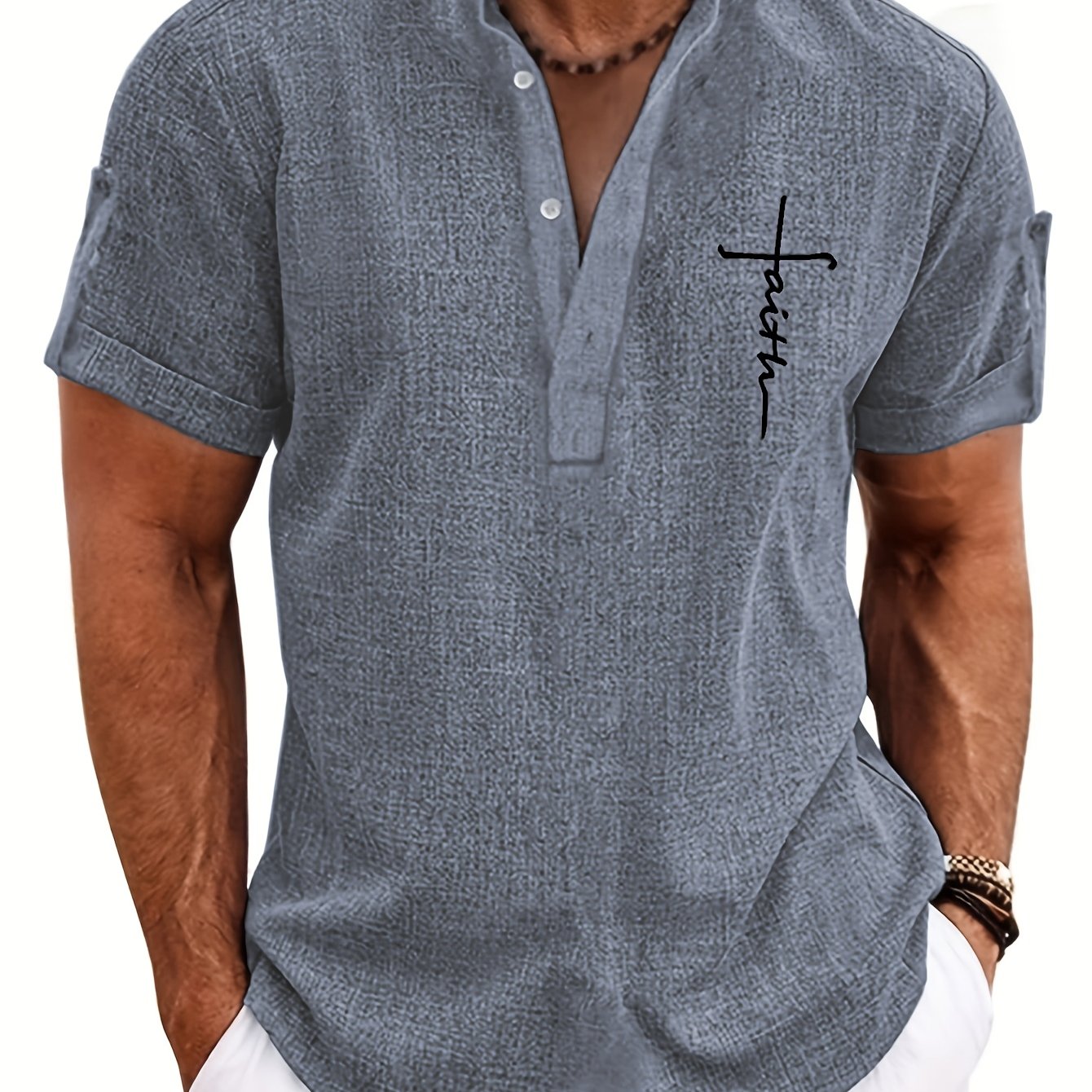 Men's Letter Print "FAITH" Short Sleeve Stand Collar Henley Shirt, Casual And Chic Tops For Summer Business And Outdoors Leisurewear - SeviSa