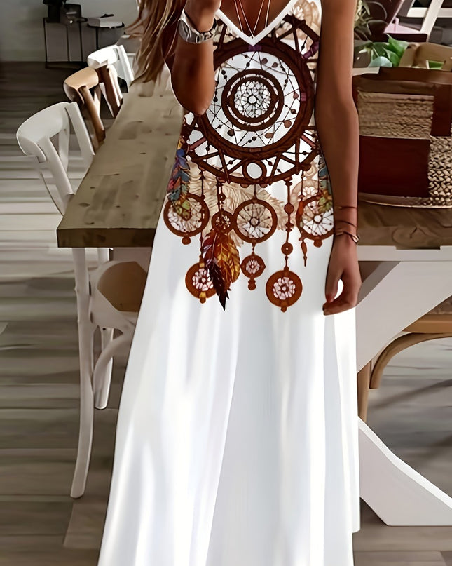 Vacation Style] Women'S Bohemian Geometric Print Sleeveless Maxi Dress - V-Neck, Lightweight Polyester, Perfect for Summer Vacations, Casual Beachwear, Vacation Dress|Bohemian Style|Lightweight Dress - SeviSa