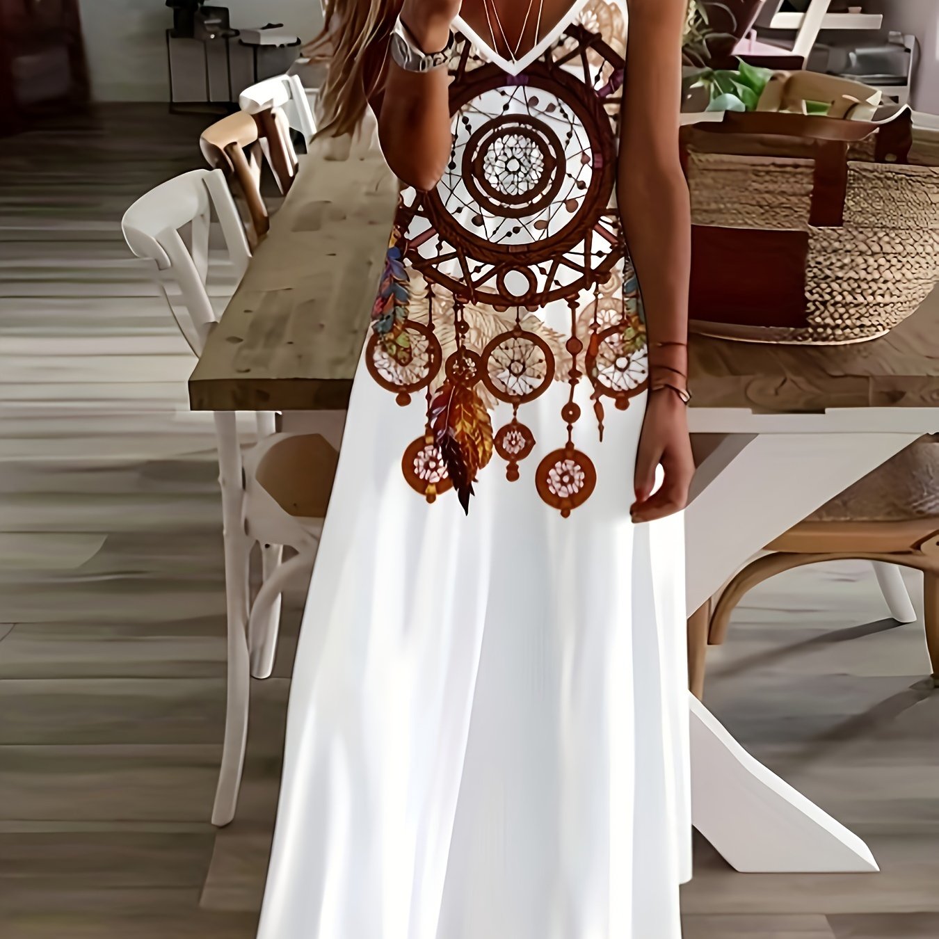 Vacation Style] Women'S Bohemian Geometric Print Sleeveless Maxi Dress - V-Neck, Lightweight Polyester, Perfect for Summer Vacations, Casual Beachwear, Vacation Dress|Bohemian Style|Lightweight Dress - SeviSa