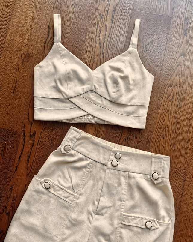 Elegant Beige Sleeveless Top & Button- Pants Set - Chic V-Neck, Long Sleeveless Shirt with Ruffled Detail, High-Waisted Wide-Leg Pants, Perfect for Casual or Office Wear, Casual Attire|Ruffled Detail Top|Button Detail Pants