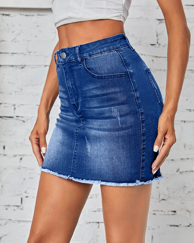 Women'S Casual Denim Skirt - High-Waisted, Frayed Hem, Medium Stretch, Solid Color, Straight Cut, Spring/Summer/Fall Fashion, Jean Skirt - SeviSa