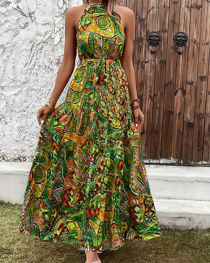 Elegant Bohemian Maxi Dress with Lace-Up Detail - High-Waisted, Sleeveless, Floral Print, Light Brown and Blue, Perfect for Adult Women, All-Season Versatile, Adult Women'S Dress|Floral Print Dress|Laceup Detail - SeviSa