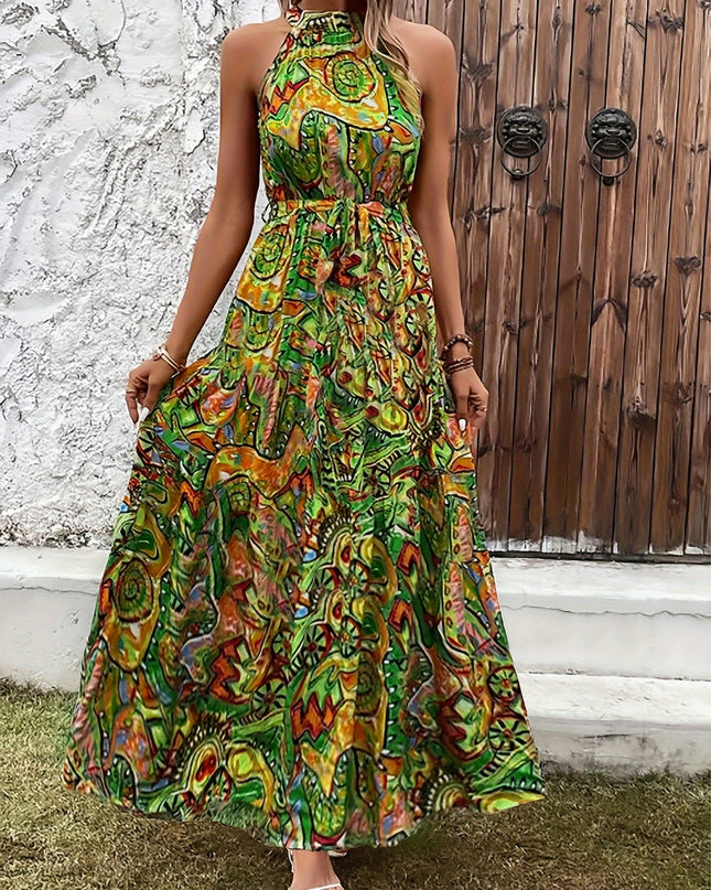 Elegant Bohemian Maxi Dress with Lace-Up Detail - High-Waisted, Sleeveless, Floral Print, Light Brown and Blue, Perfect for Adult Women, All-Season Versatile, Adult Women'S Dress|Floral Print Dress|Laceup Detail - SeviSa