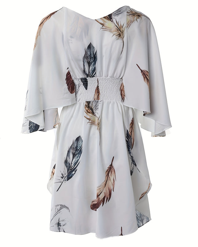 Women's Elegant V-Neck Batwing Sleeve Dress - White with Brown Botanical Print, A-Line Mid-Length Summer Dress, Fitted Top & Flowy Hem, Hand Wash Only, Casual Chic Wear, Natureinspired Print - SeviSa