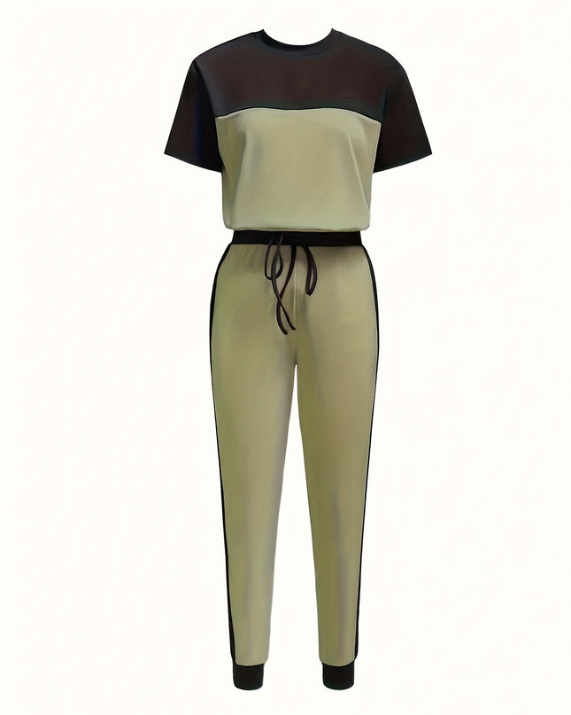Casual Color Block Short Sleeve Round Neck T-Shirt and Long Pants Two-Piece Set